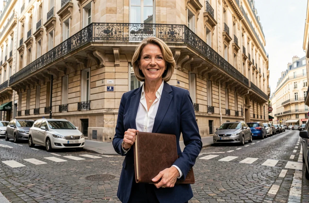 Agent immobilière professionnelle devant un immeuble haussmannien typique de Paris, illustrant le marché immobilier parisien