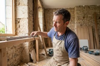 Menuisier professionnel mesurant un cadre de fenêtre en bois lors d'une rénovation à Calais