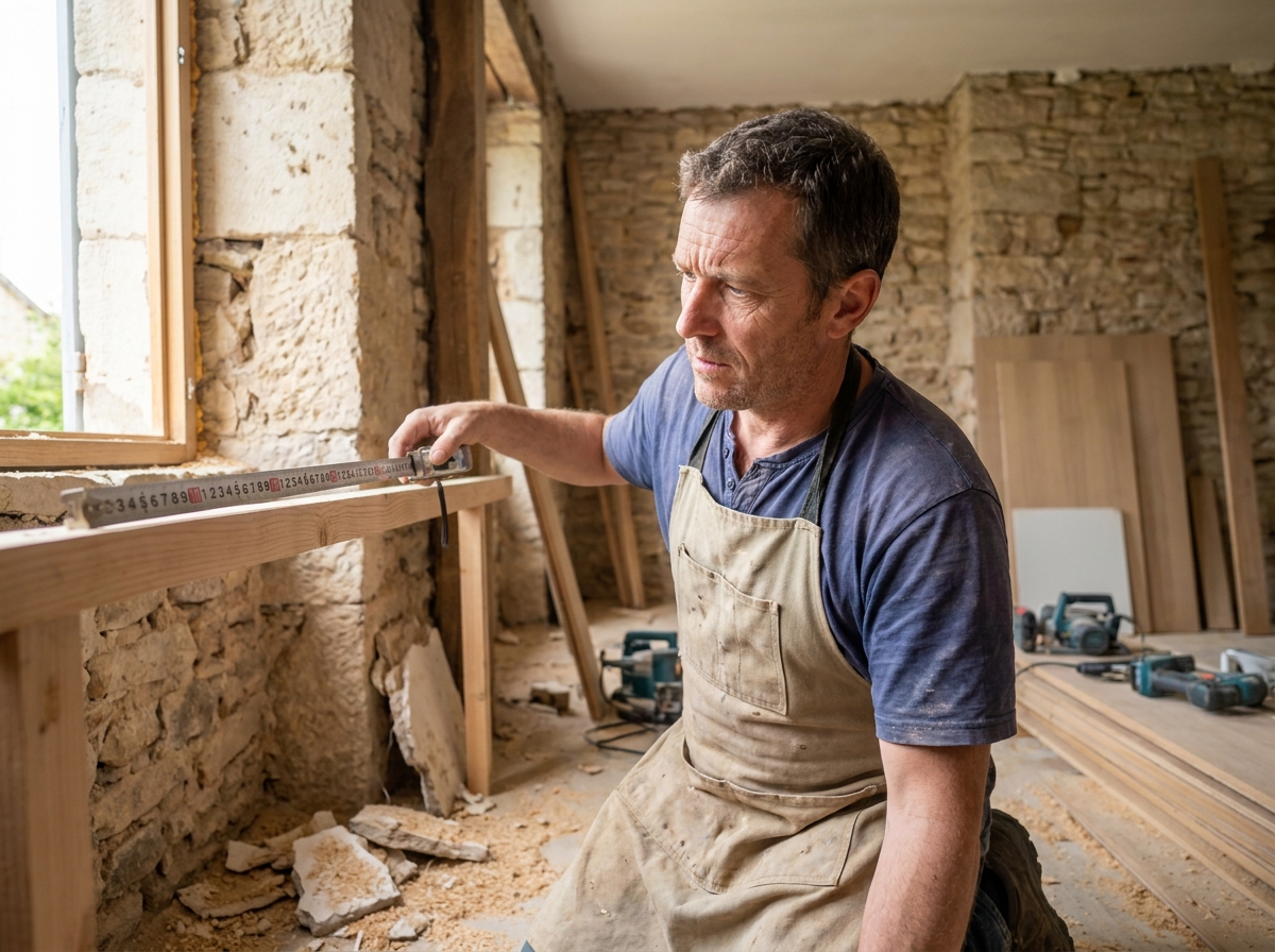 Menuisier professionnel mesurant un cadre de fenêtre en bois lors d'une rénovation à Calais