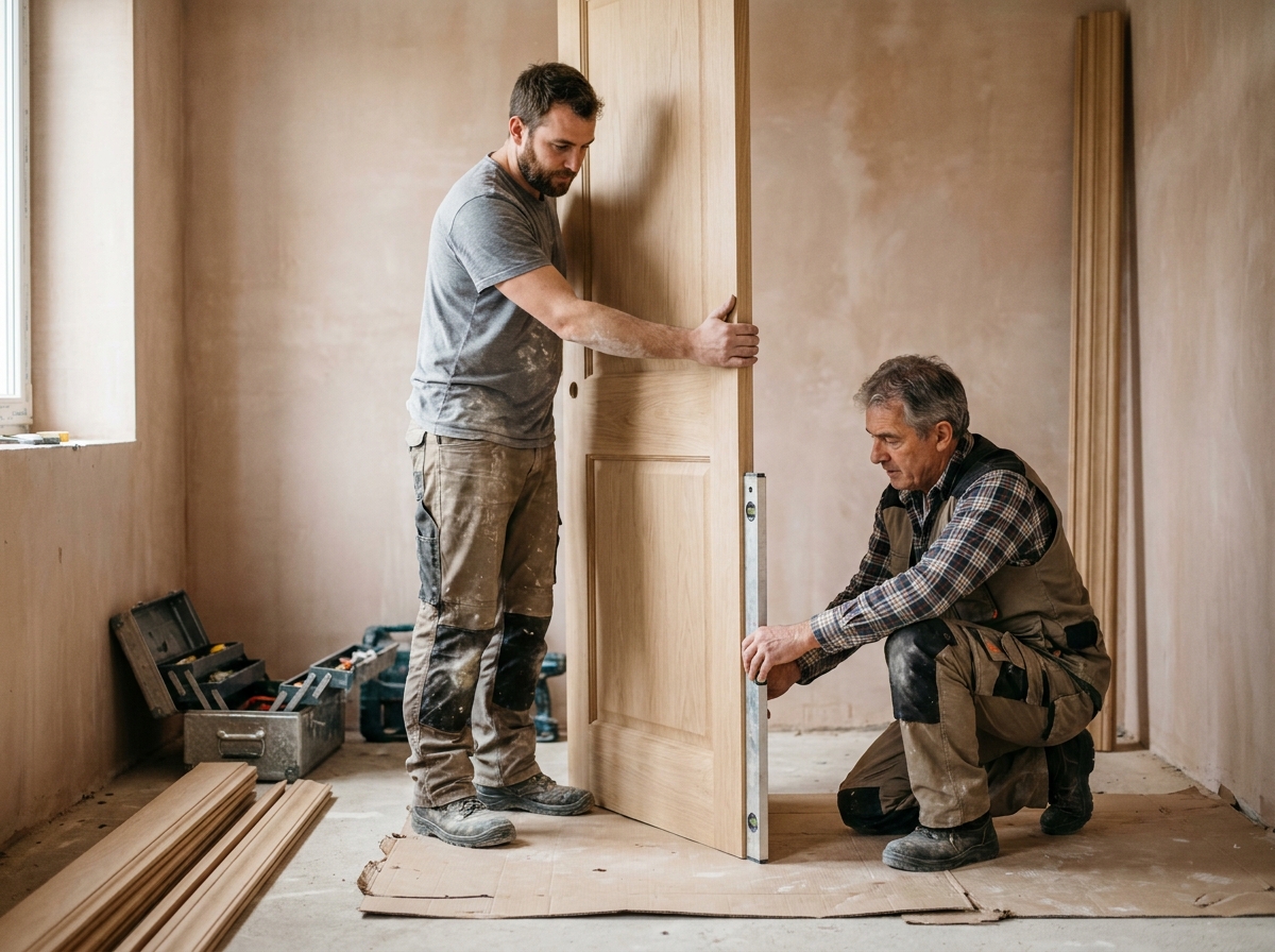Deux menuisiers posant une porte intérieure en chêne dans un appartement rénové à Calais