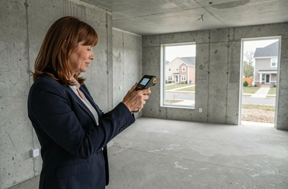 Professionnelle de l'immobilier mesurant la surface habitable d'une maison en construction avec un télémètre laser