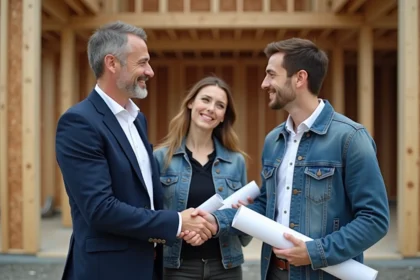 Représentant de la Metropolitan Builders Association serrant la main d'un jeune couple de futurs propriétaires devant un chantier de construction résidentielle