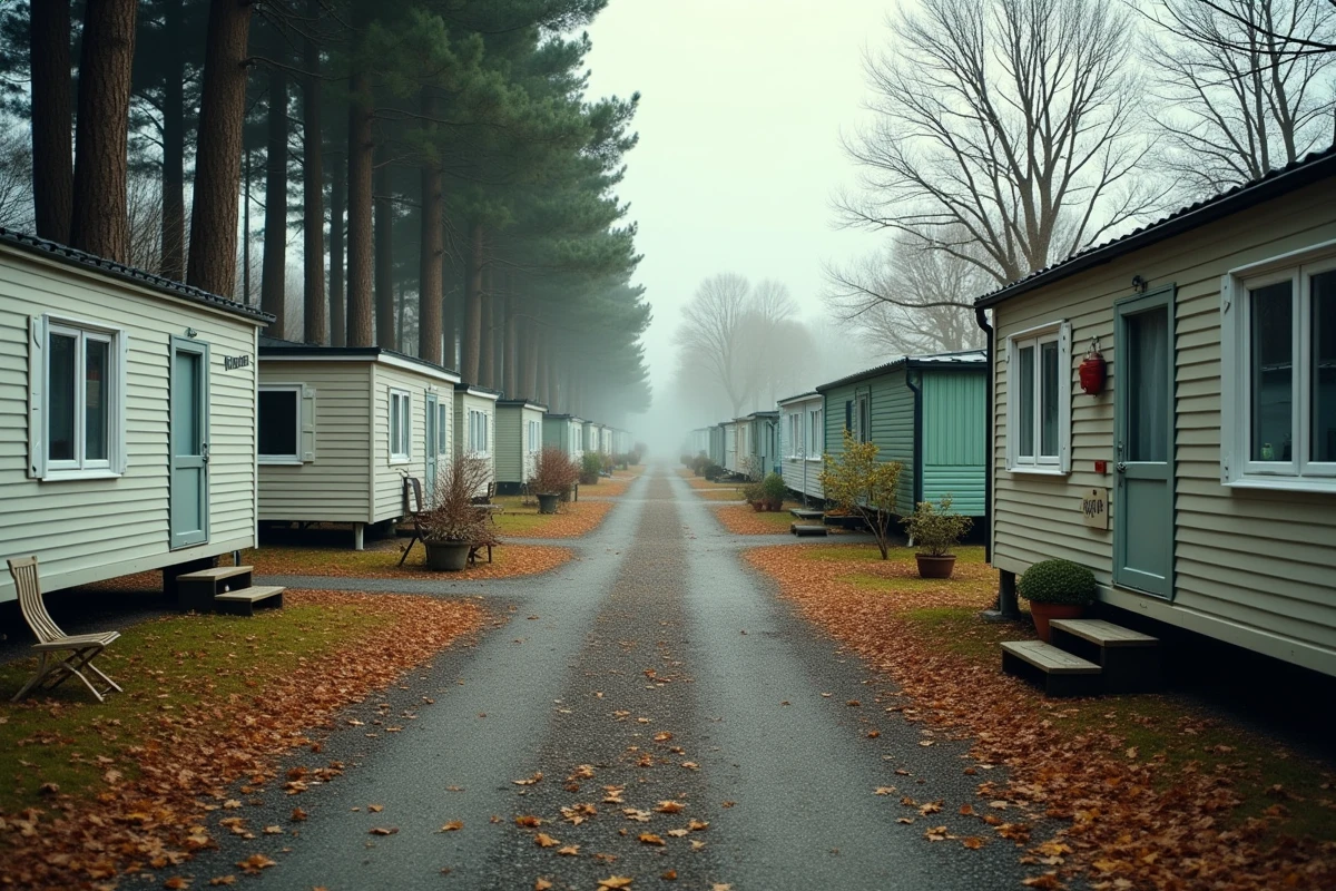 Allée d'un camping ouvert à l'année avec plusieurs mobil-homes d'occasion à vendre en automne