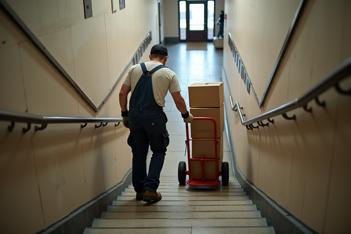 Monteur professionnel transportant des cartons dans un escalier