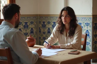 Femme négociant un contrat de location longue durée avec un propriétaire dans un riad traditionnel d'Essaouira