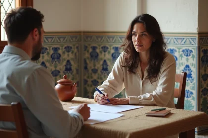 Femme négociant un contrat de location longue durée avec un propriétaire dans un riad traditionnel d'Essaouira