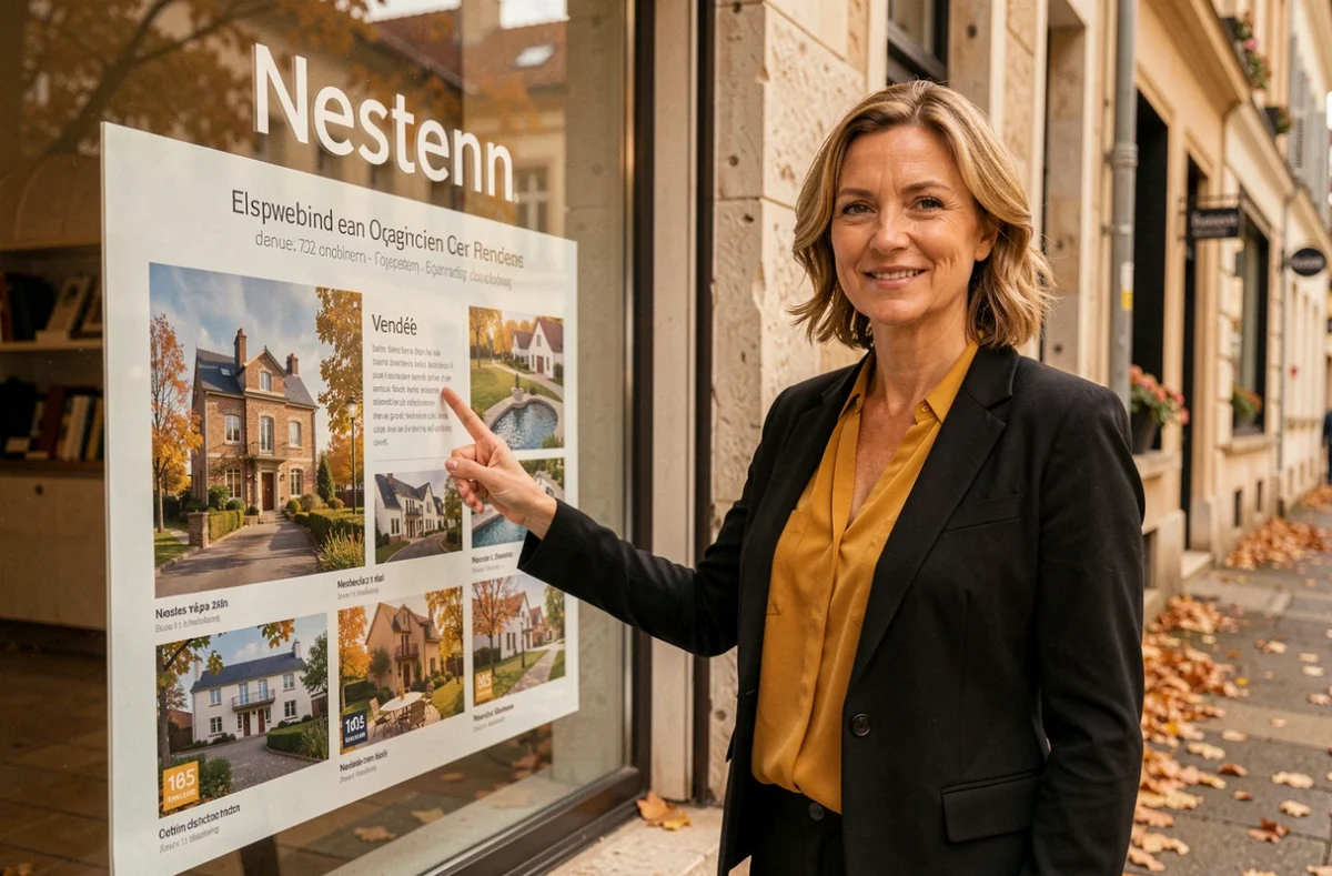 Agente Nestenn Vendée devant la vitrine de l'agence avec des annonces immobilières