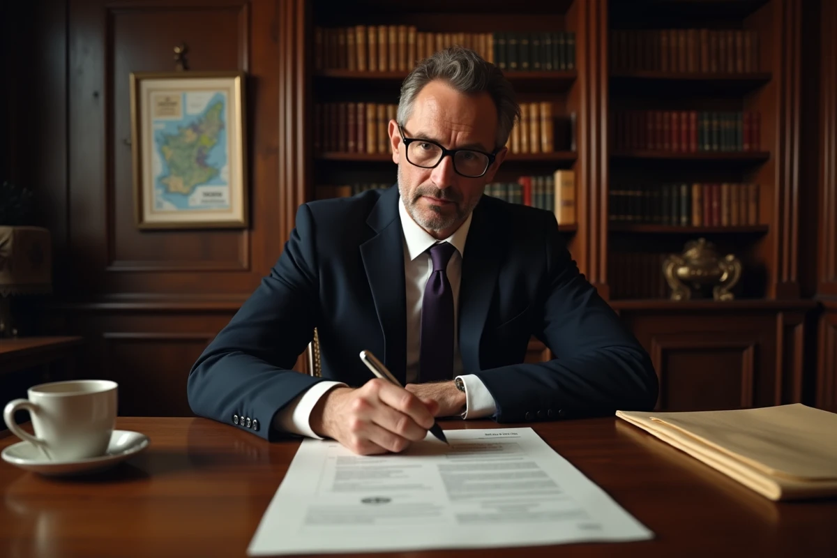 Notaire dans son étude de l'Oise préparant l'acte de vente d'une maison dans le cadre d'un divorce urgent