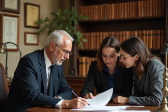 Notaire en consultation gratuite avec un couple pour un achat immobilier dans un bureau traditionnel