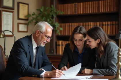 Notaire en consultation gratuite avec un couple pour un achat immobilier dans un bureau traditionnel