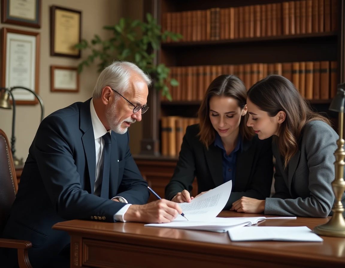 Notaire en consultation gratuite avec un couple pour un achat immobilier dans un bureau traditionnel