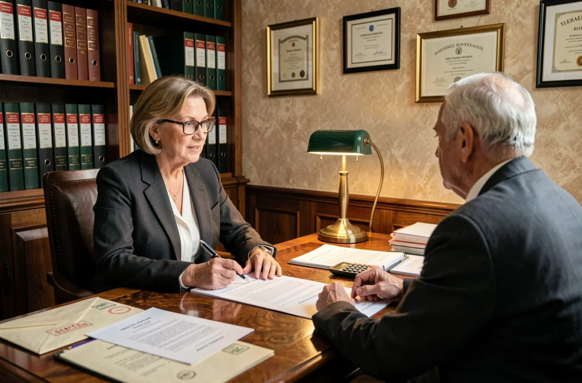 Notaire expliquant un contrat de viager à un client âgé dans un bureau notarial traditionnel
