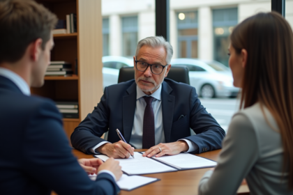 Notaire en costume avec un couple dans un bureau moderne