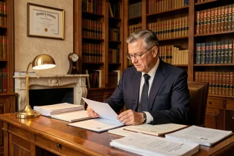 Notaire senior en costume sombre examinant un rapport d'estimation immobilière dans son étude traditionnelle à Paris