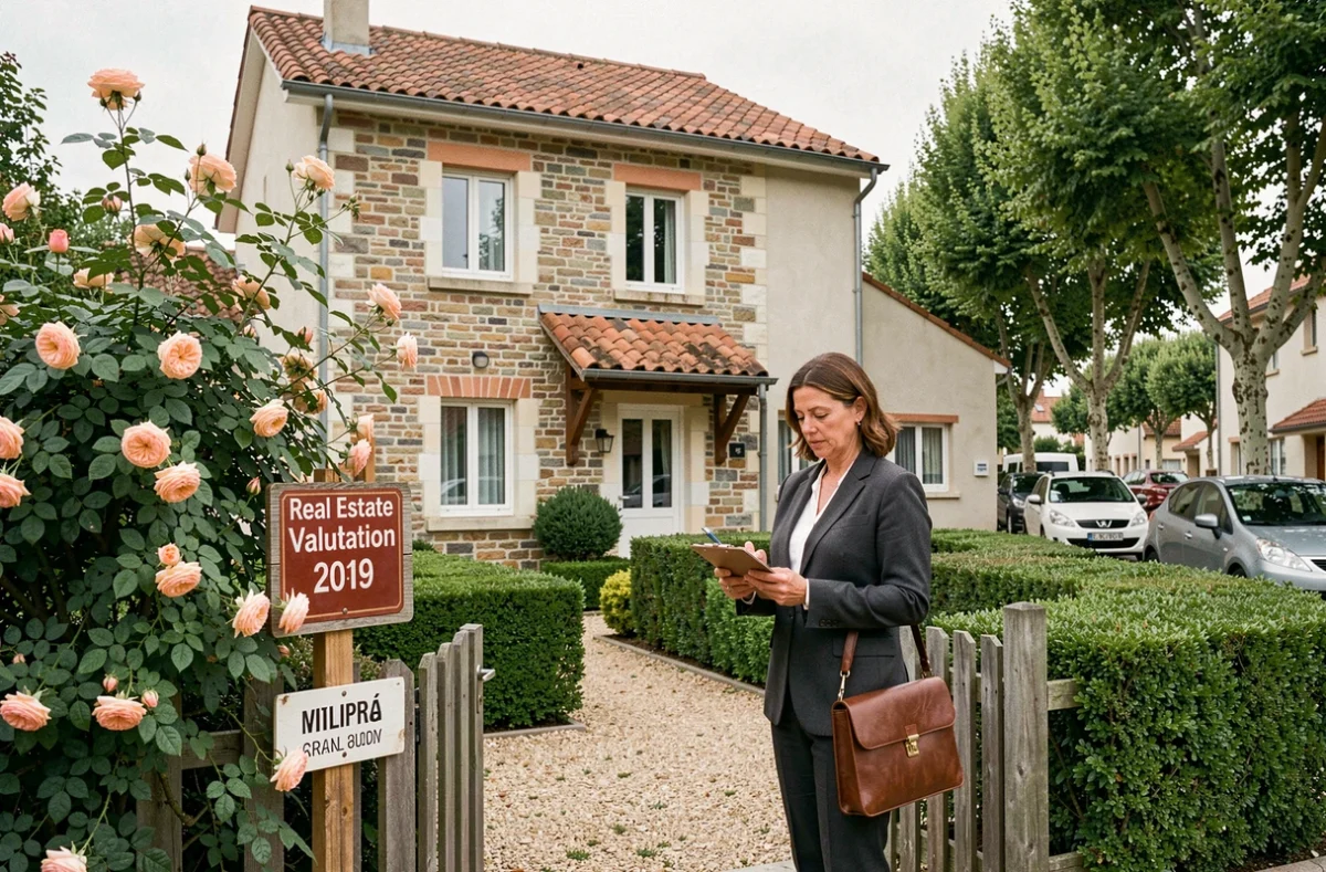 Notaire effectuant une visite d'estimation d'une maison individuelle en pierre dans une rue résidentielle française