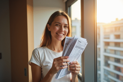 Adulte souriant tenant des factures et une clé pour une nouvelle location