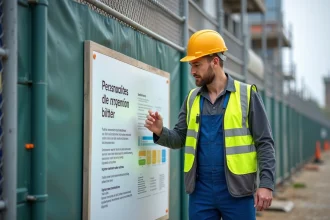 Ouvrier en sécurité vérifiant un panneau de construction robuste