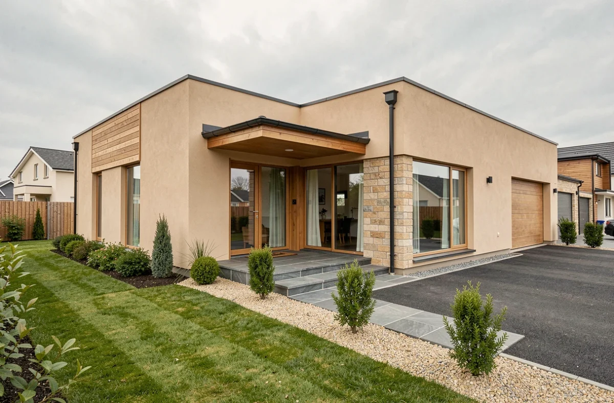 Pavillon clé en main moderne en enduit beige avec bardage bois, jardin aménagé et allée en gravier, vue extérieure grand angle