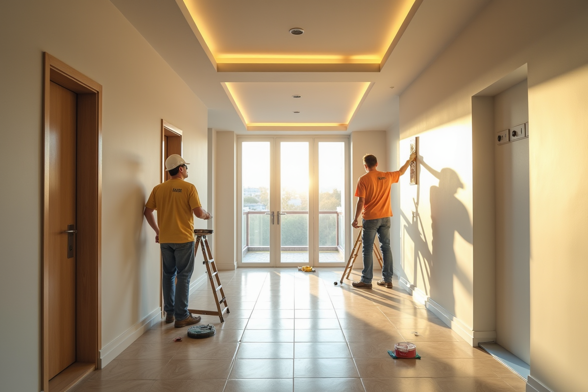 Travailleurs repeignant le couloir d un immeuble moderne lumineux