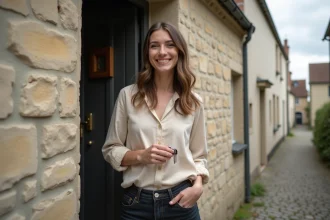 Jeune femme tenant des clés devant une petite maison en pierre normande à louer au Havre