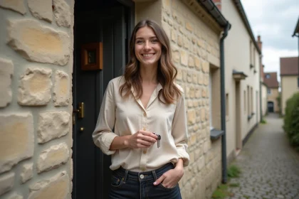 Jeune femme tenant des clés devant une petite maison en pierre normande à louer au Havre