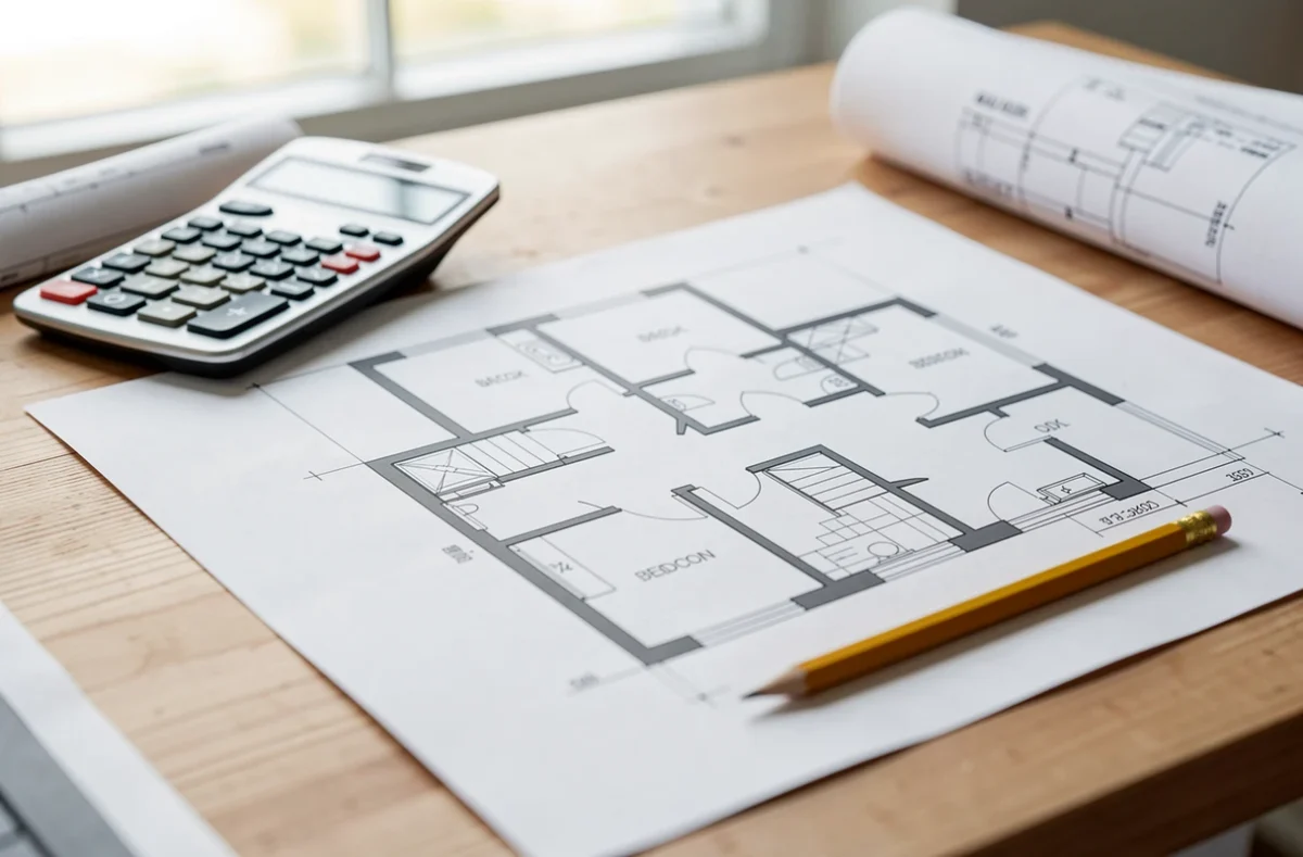 Plan d'un appartement de trois pièces posé sur une table avec une calculatrice