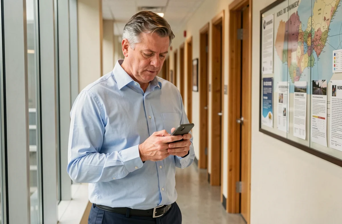 Professeur consultant sa messagerie académique CONVERGENCE sur smartphone dans un couloir de faculté à Toulouse