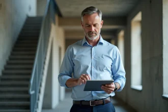 Professionnel du logement social utilisant le logiciel SYPLO sur tablette dans un couloir d'immeuble HLM
