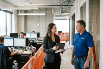 Femme d affaires avec tablette dans un bureau en chantier