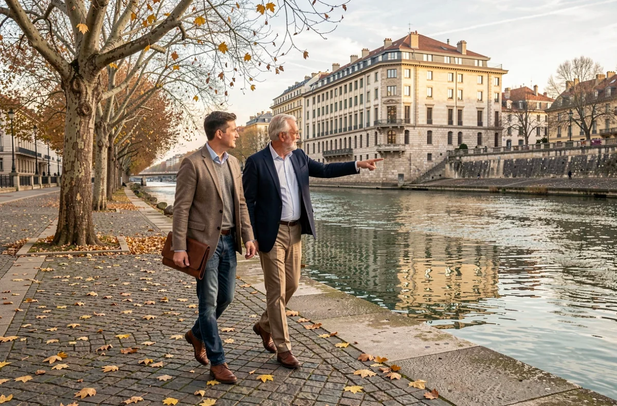 Deux professionnels de l'immobilier discutant d'un projet d'investissement au bord de la Saône à Lyon en automne