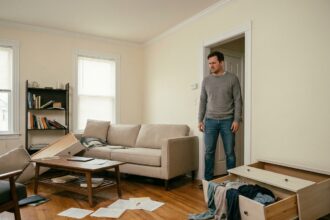 Propriétaire constatant les dégâts d'un cambriolage dans son salon avec meubles renversés et tiroirs ouverts