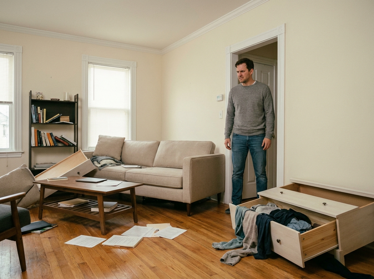 Propriétaire constatant les dégâts d'un cambriolage dans son salon avec meubles renversés et tiroirs ouverts