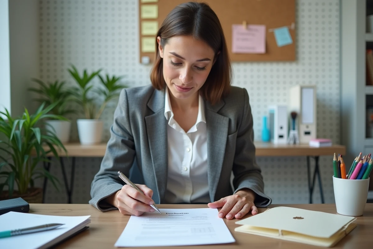 Femme propriétaire remplissant une déclaration de loyer CAF dans un bureau à domicile organisé