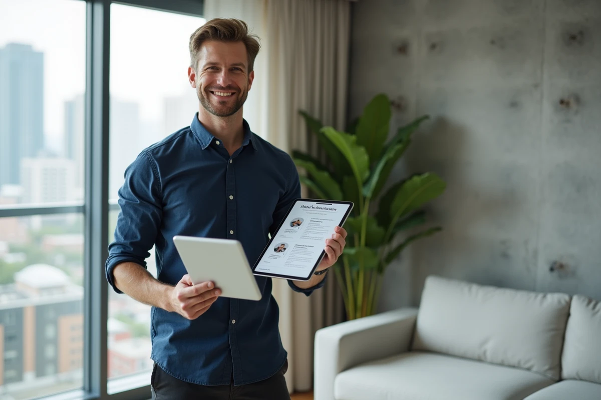 Propriétaire consultant ses documents de location sur tablette dans un appartement moderne avec vue urbaine