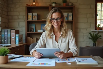 Propriétaire de gîte analysant ses revenus locatifs sur une tablette dans un bureau rustique décoré avec des documents Gîtes de France