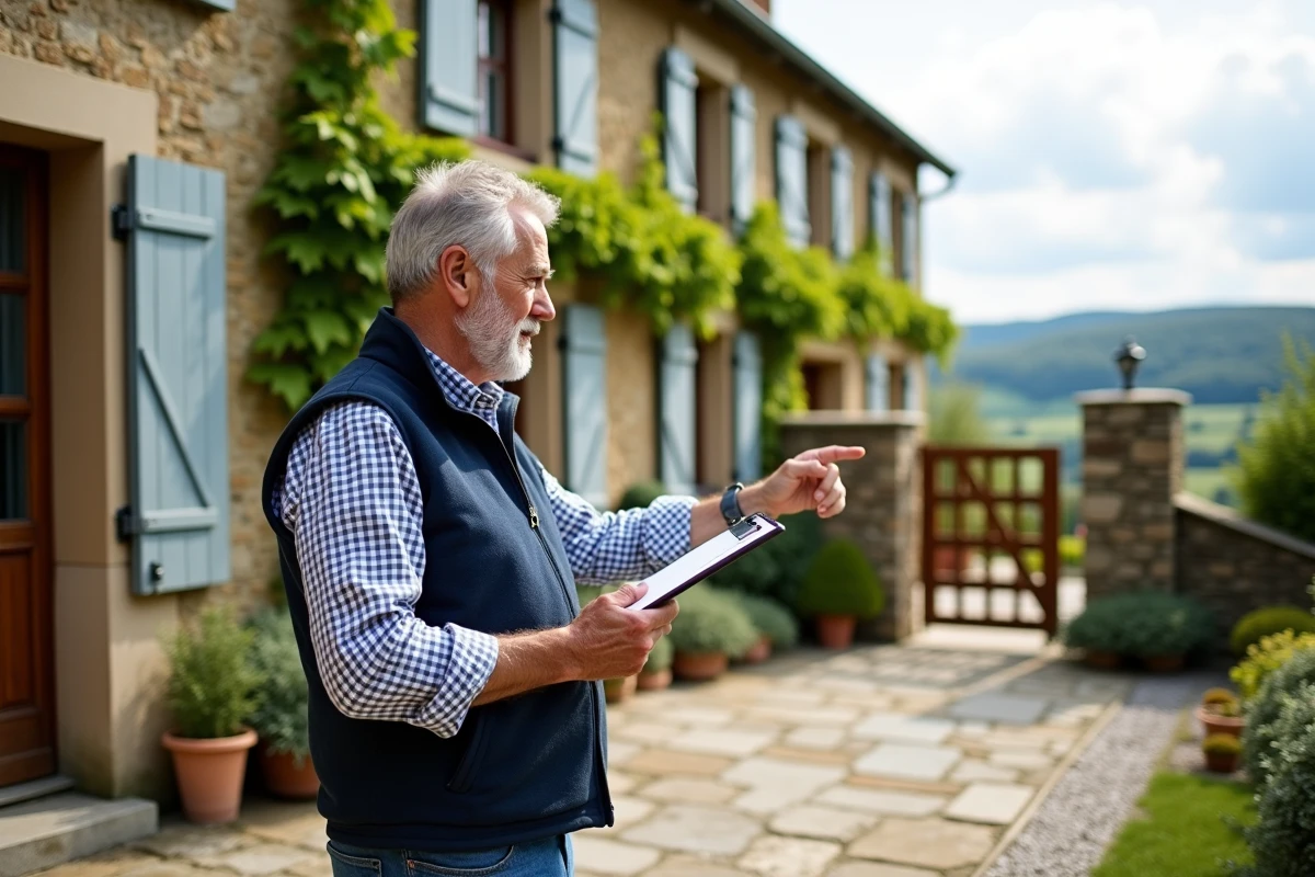 Propriétaire de gîte rural présentant les améliorations de sa propriété depuis la terrasse en pierre face au jardin