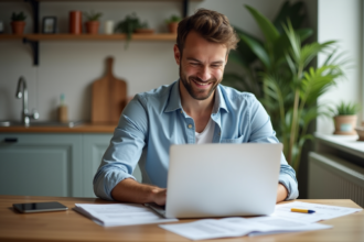 Homme d'une trentaine d'années examine des documents de location dans un appartement lumineux