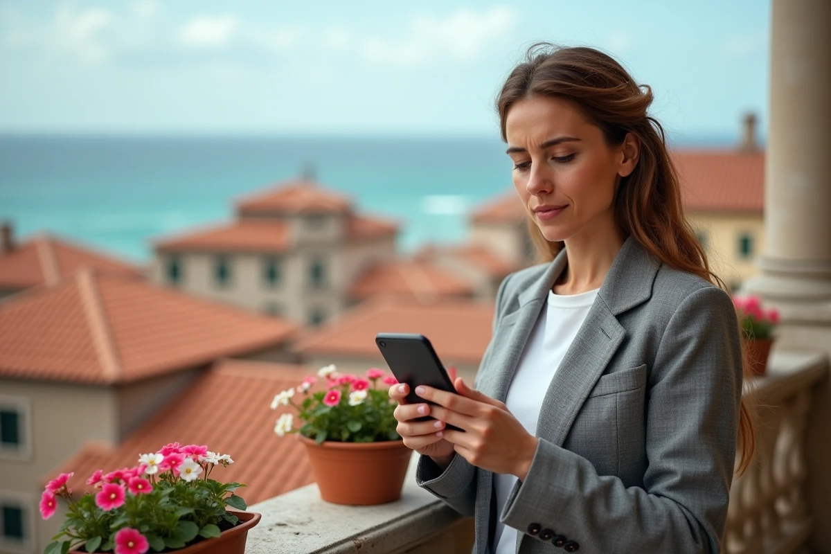 Propriétaire immobilière consultant les statistiques de location saisonnière sur son smartphone depuis un balcon avec vue sur la mer
