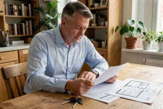 Propriétaire non occupant examinant un contrat d'assurance et des documents immobiliers dans un appartement meublé
