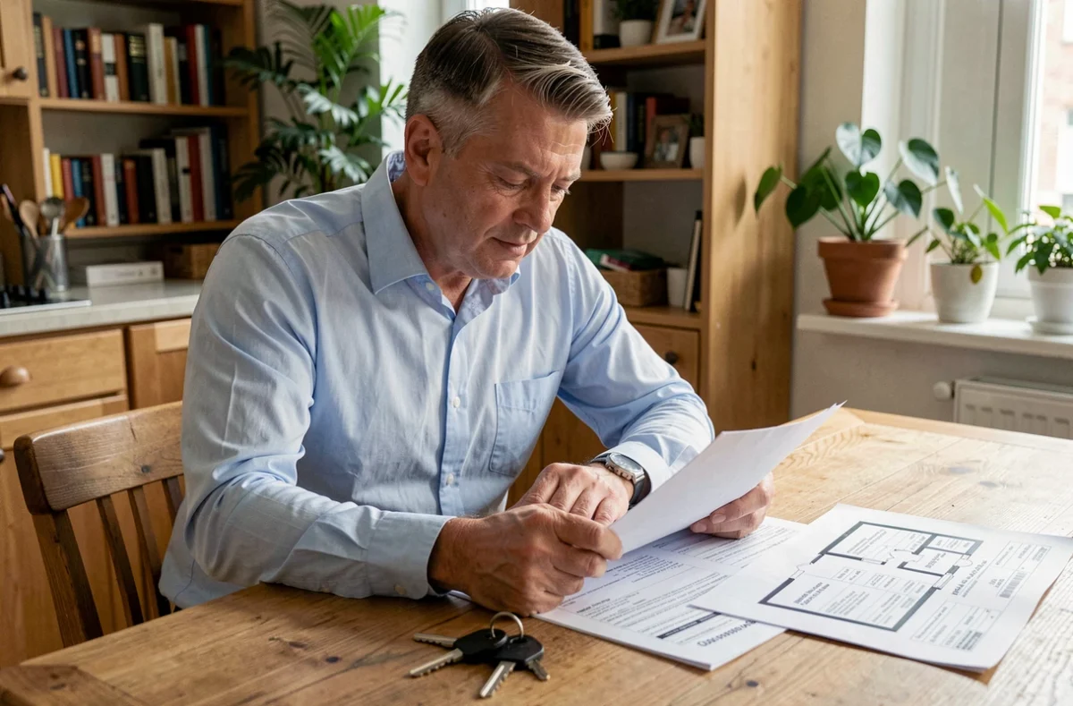 Propriétaire non occupant examinant un contrat d'assurance et des documents immobiliers dans un appartement meublé