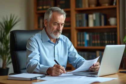 Propriétaire immobilier assis à son bureau examinant des documents de location non déclarée avec inquiétude