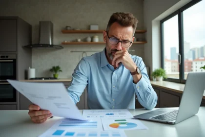 Propriétaire analysant les revenus et risques d'une location saisonnière sur son ordinateur portable dans un appartement moderne