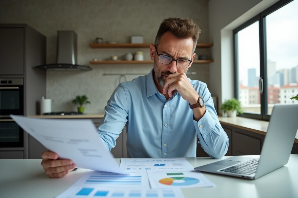 Propriétaire analysant les revenus et risques d'une location saisonnière sur son ordinateur portable dans un appartement moderne