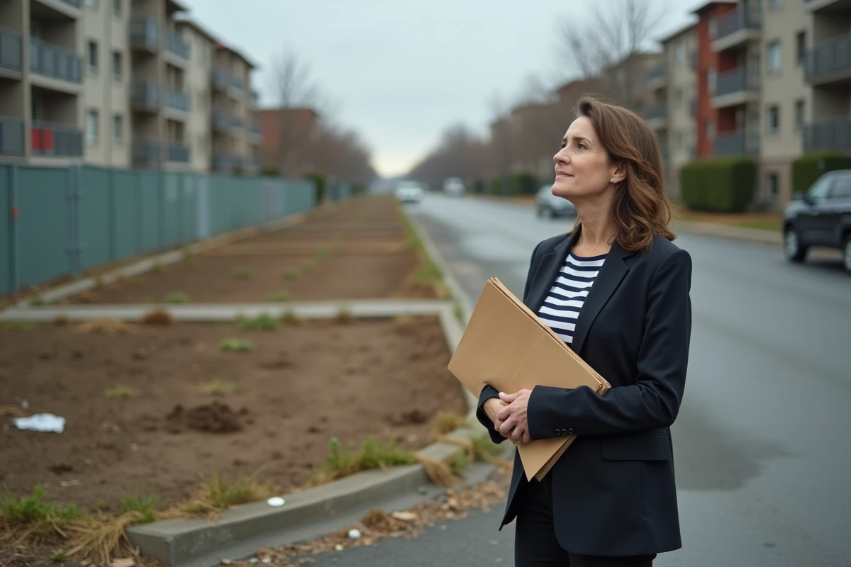 Femme propriétaire debout devant un terrain à bâtir vide tenant un dossier de recours après refus de certificat d'urbanisme