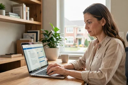Femme recherchant le propriétaire d'une maison en ligne depuis son bureau à domicile