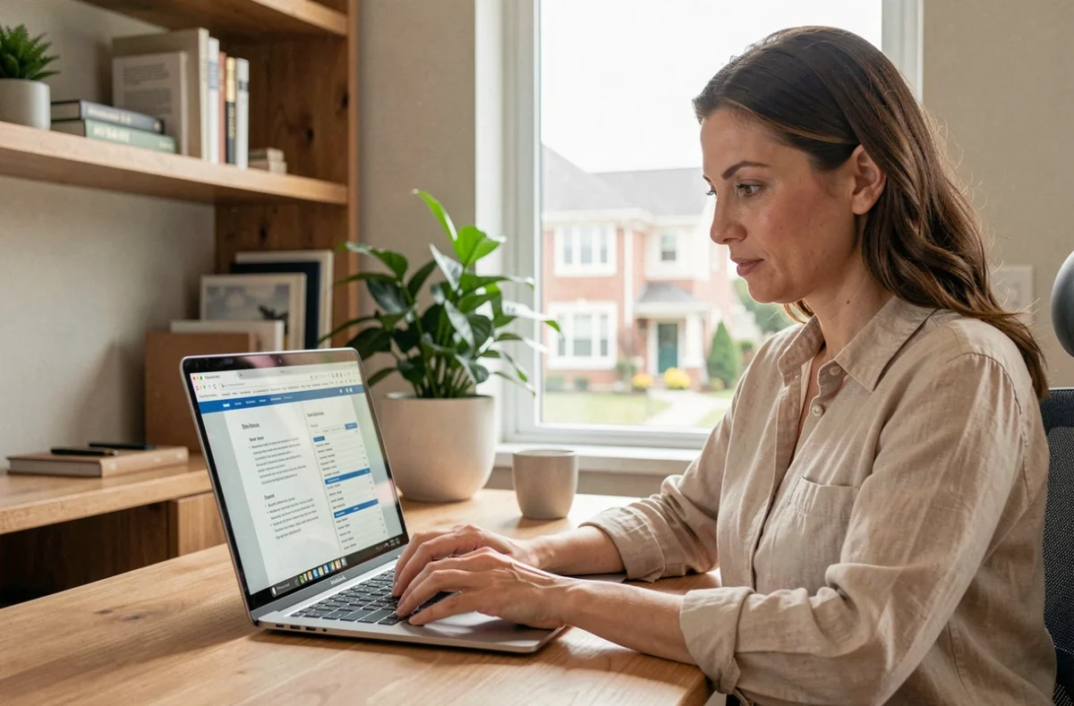 Femme recherchant le propriétaire d'une maison en ligne depuis son bureau à domicile