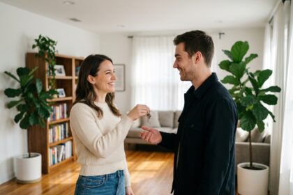 Femme souriante donnant des clés à un jeune homme dans un salon moderne