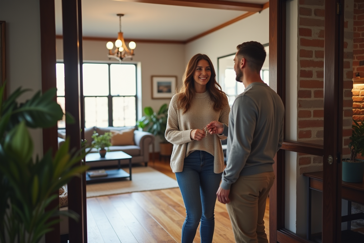 Jeune femme remet des clés à un couple souriant dans un intérieur rénové