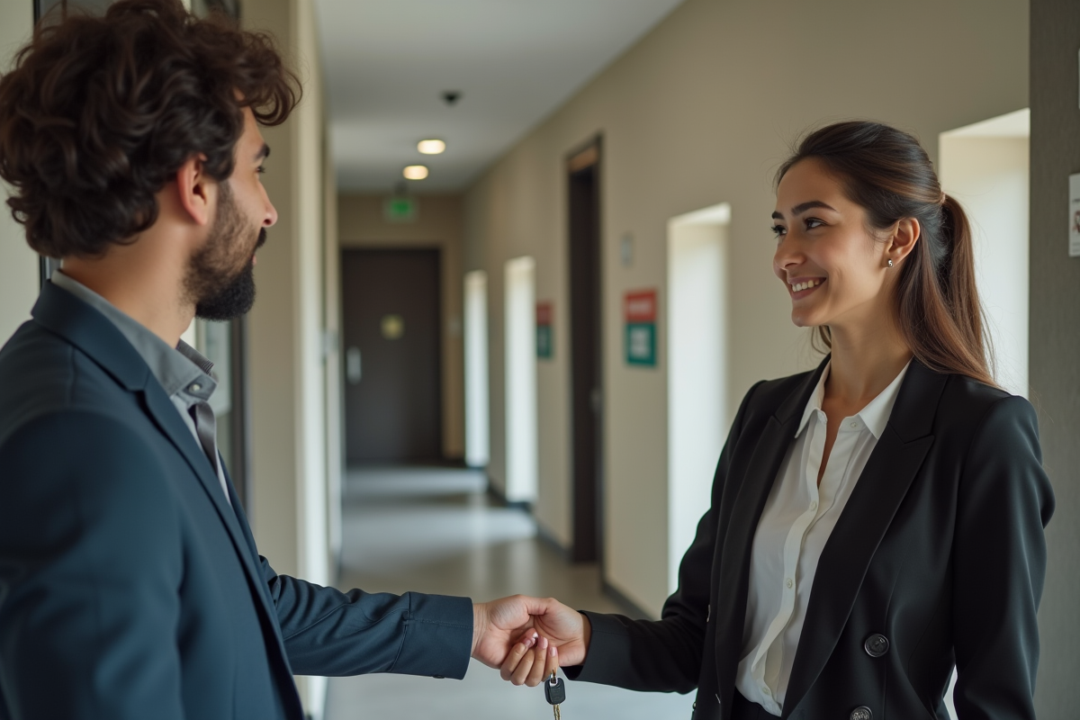 Jeune professionnel remettant les clés dans un immeuble sécurisé