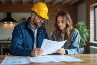Entrepreneur en travaux et propriétaire examinant plans de rénovation